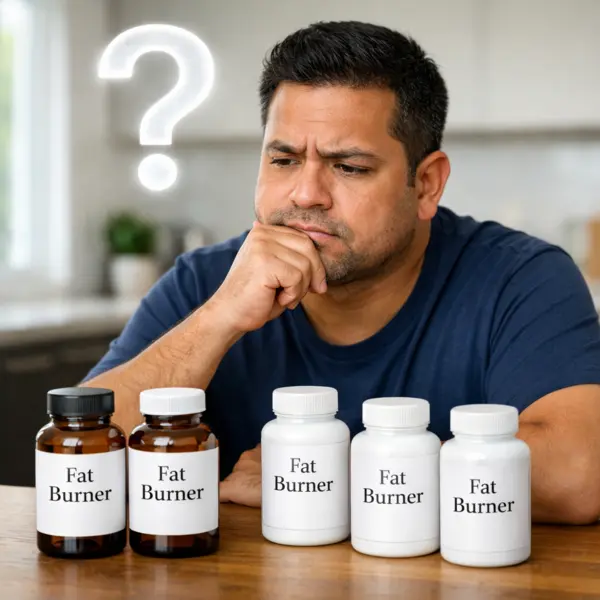 A confused man with a question mark above his head looking at several fat burner bottles, representing the uncertainty of buying supplements online